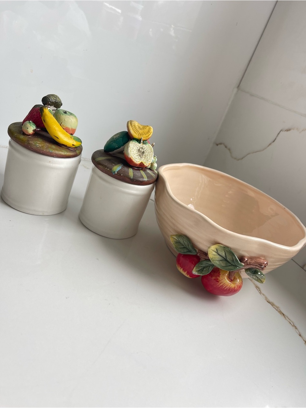 Ceramic Fruit Bowl and Matching Canisters - Apple & Banana Accents